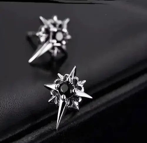 Black Stone Earrings Gothic Punk Chrome Jewelry Star Spike in Silver, Men's