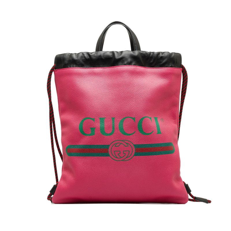 image of Gucci Leather Logo Drawstring Backpack in Pink, Women's