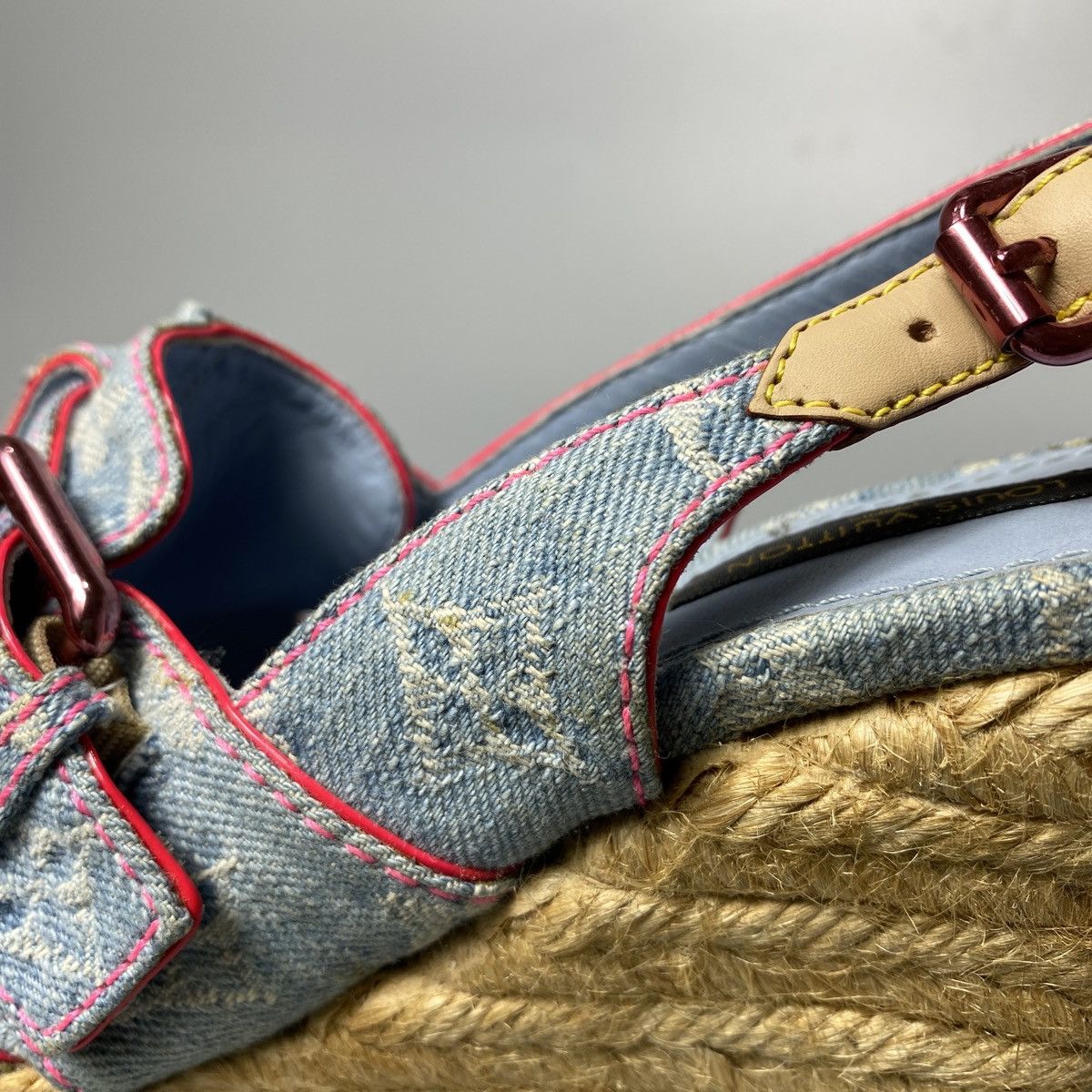 Louis Vuitton Bleached Monogram Denim Wedge Sandals Size US 7 / IT 37 - 8 Thumbnail