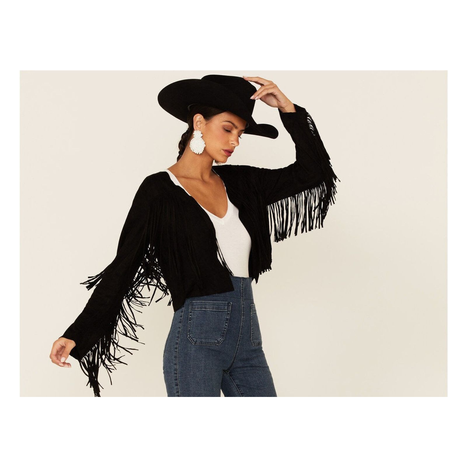 Other BLACK FAUX SUEDE FRINGED CROPPED WESTERN COWBOY MOTO JACKET Size M / US 6-8 / IT 42-44 - 1 Thumbnail