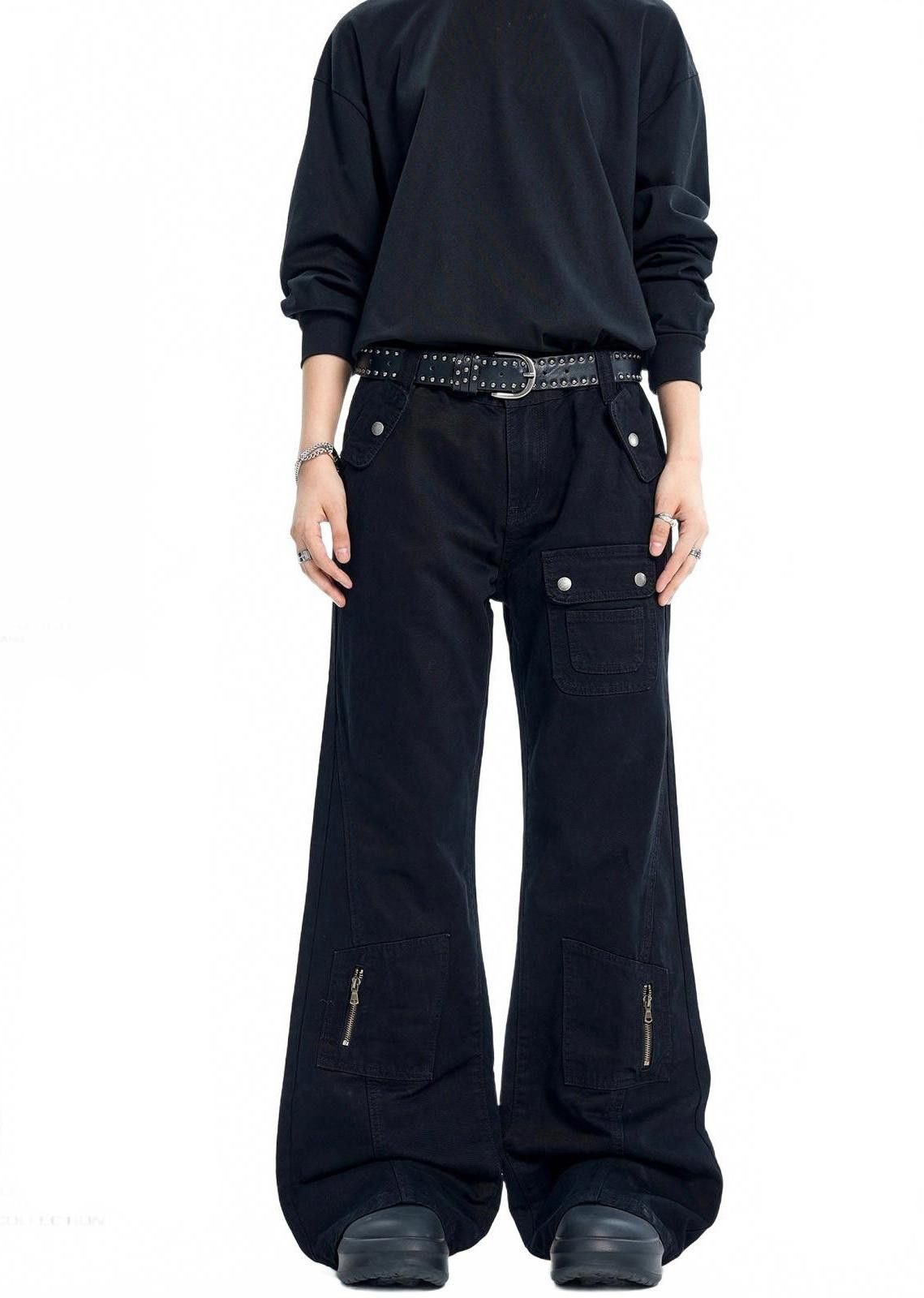 Japanese Brand Black Wide Leg Cargo Pants with Zipper Details Size US 32 / EU 48 - 1 Thumbnail