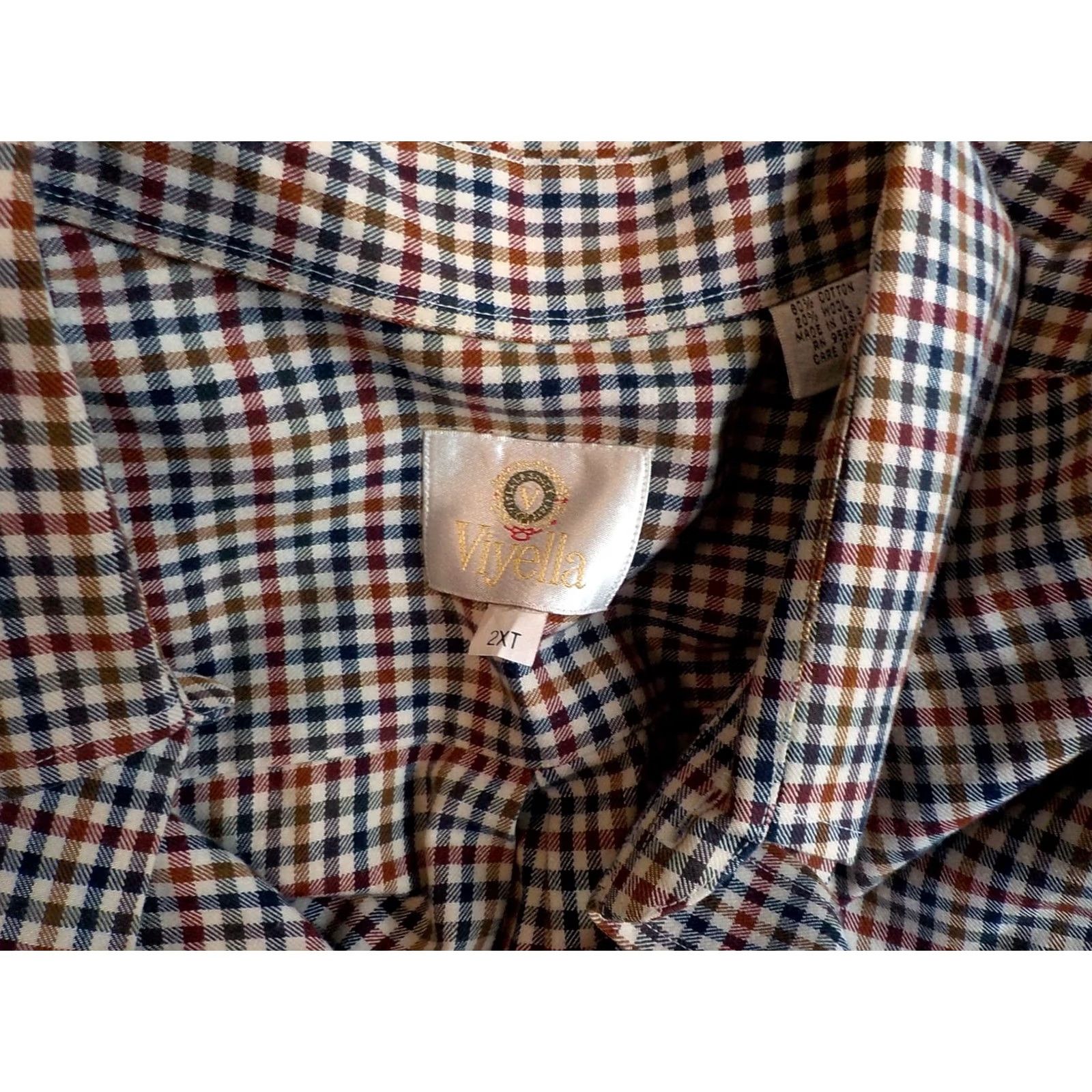 Vintage Viyella Button-Down Shirt Mens 2XT Beige Navy Maroon Black Brown Plaid Wool Cotton Long Sleeve 80% Cotton 20% Wool Size US XXL / EU 58 / 5 - 4 Thumbnail