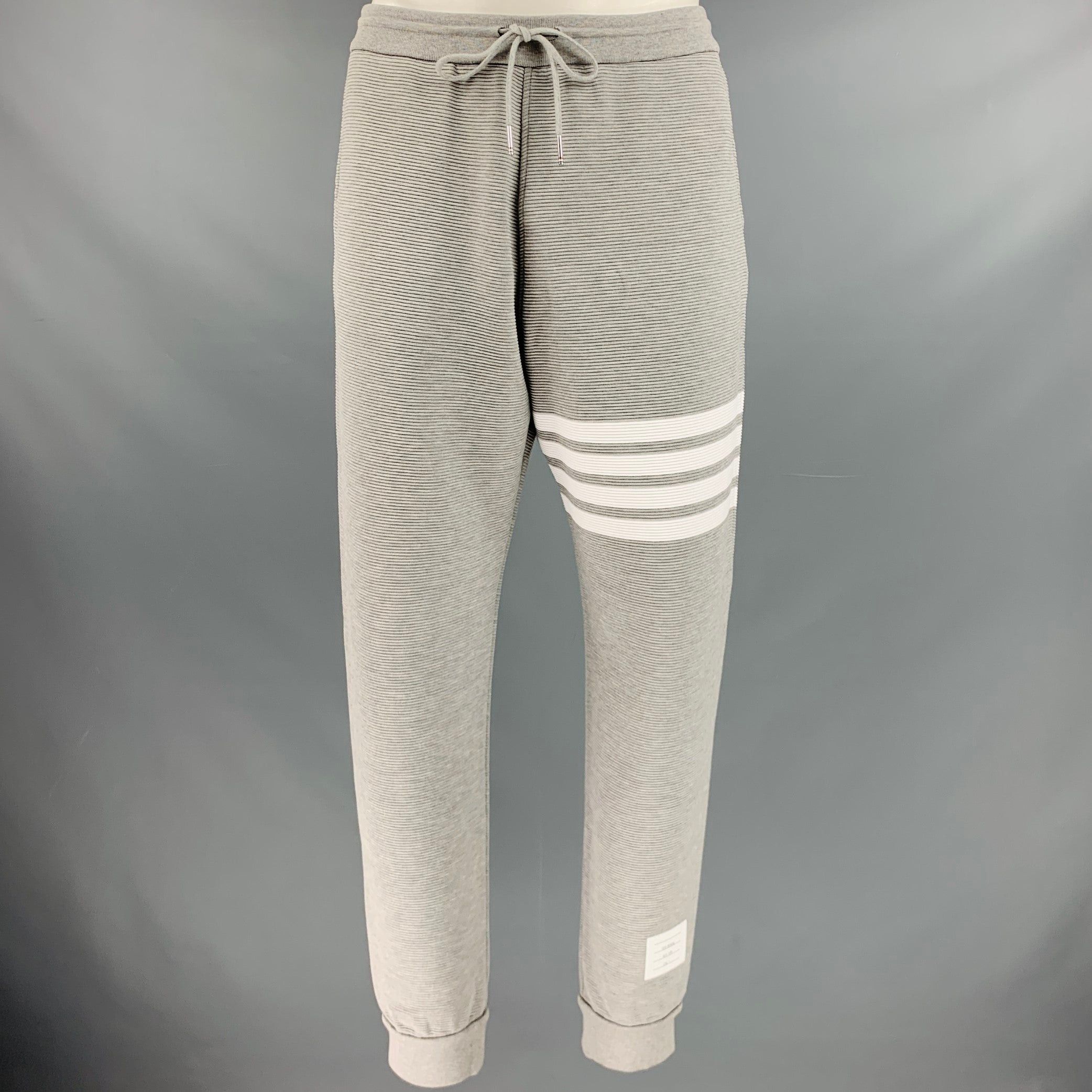 image of Thom Browne Ottoman 4 Bar Grey White Ribbed Cotton Sweatpants Casual Pants, Men's (Size 36)