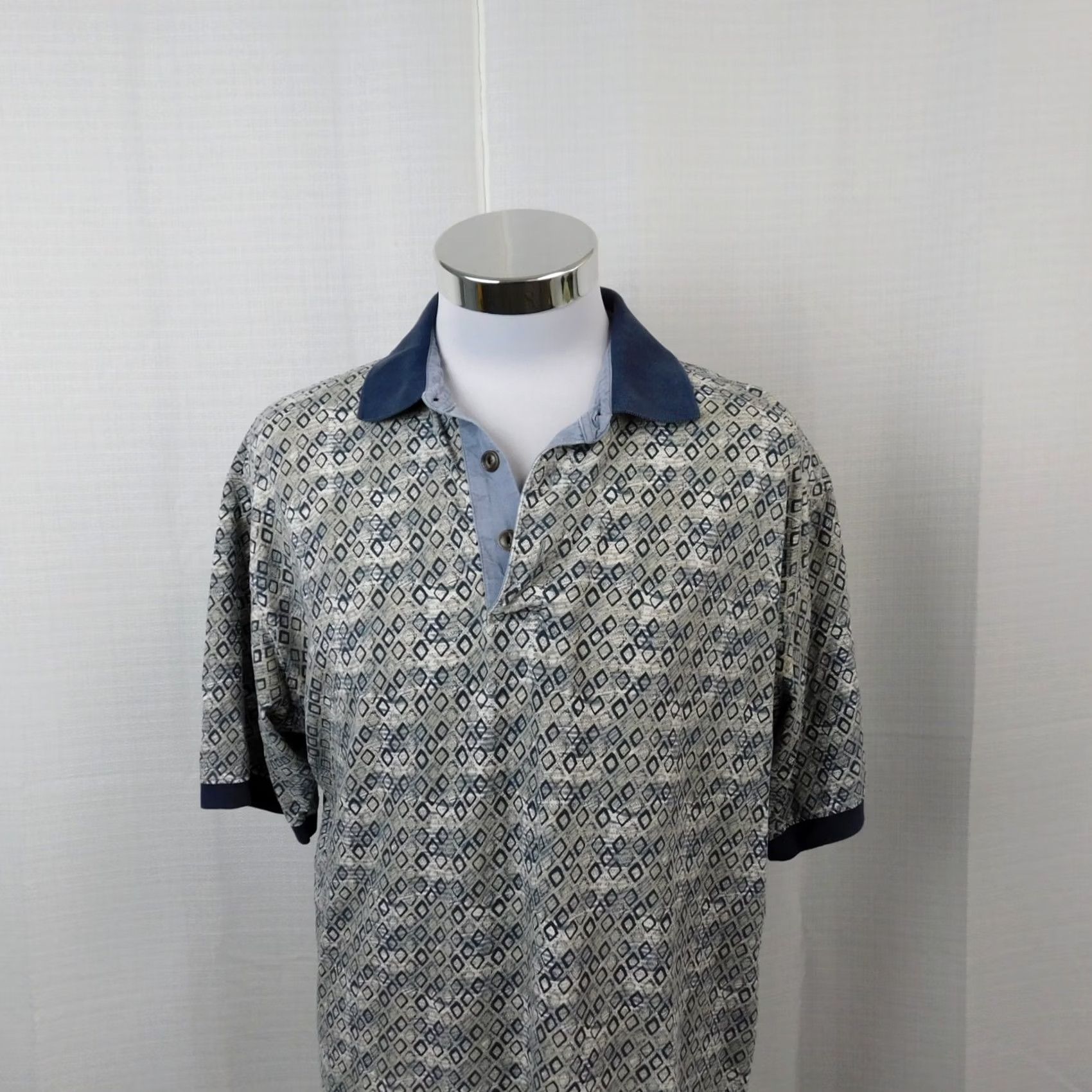 Vintage St. John's Bay Polo Shirt Adult Medium Beige-Navy Diamond Print Classic Preppy Golf Mens Size US M / EU 48-50 / 2 - 2 Thumbnail