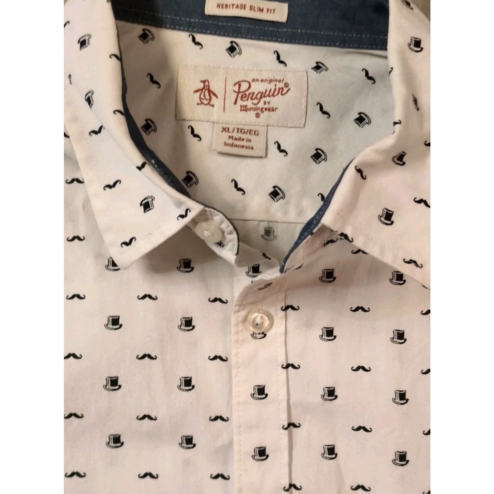 Vintage VINTAGE Penguin Shirt Top Hats & Mustaches Button-Up White 46" Chest XL Slim Fit Short Sleeve Geometric Geometric Pattern Mens Hosiery? Size US XL / EU 56 / 4 - 4 Thumbnail