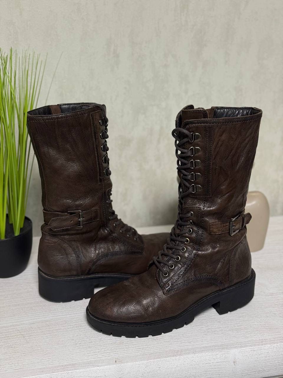 Le Grande Bleu (L.G.B.) Vintage Dark Brown Leather Combat Boots Lace Up Buckle Strap Size US 9 / IT 39 - 1 Thumbnail