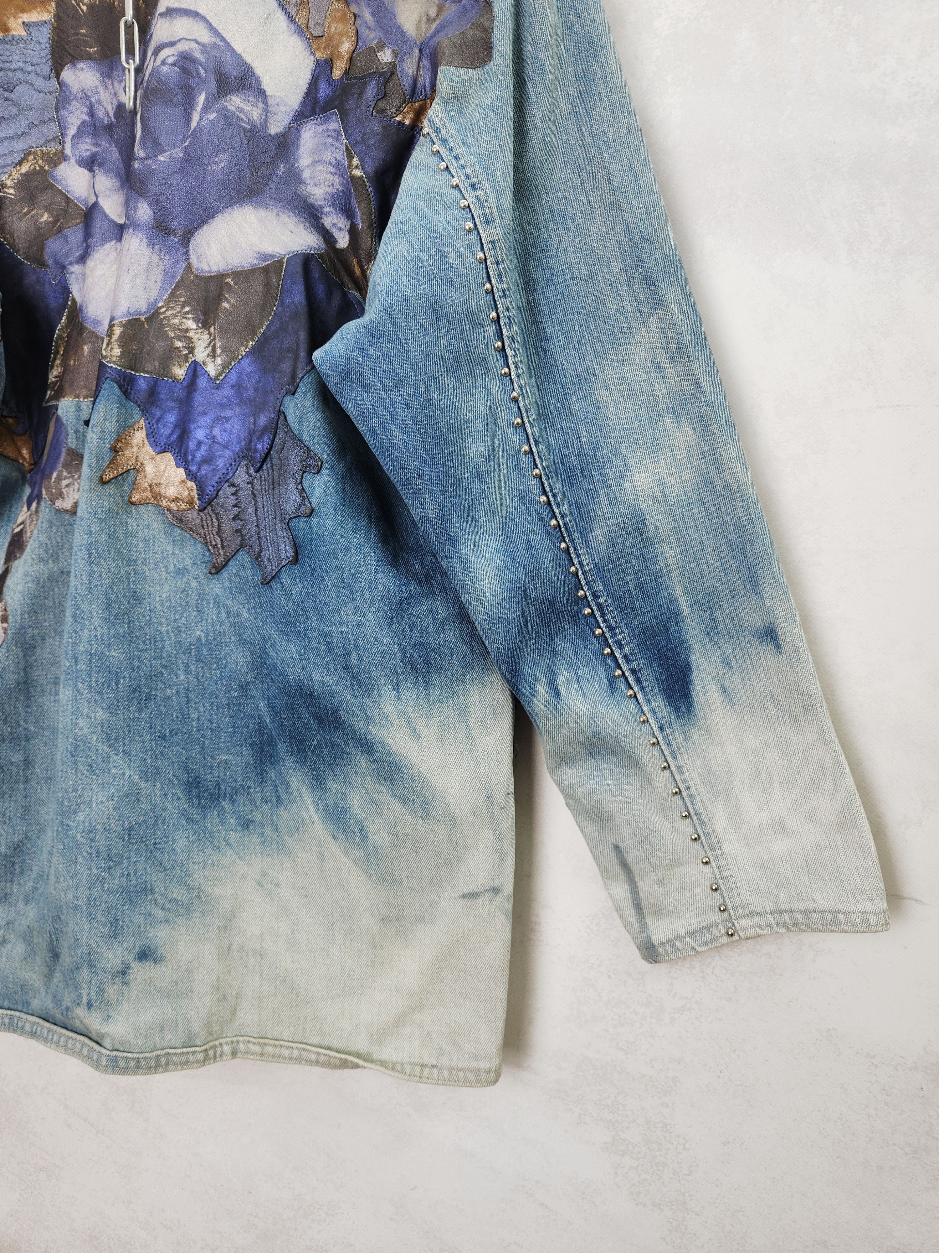 Roberto Cavalli 80s Roberto Cavalli denim jeans jacket leather flowers Size L / US 10 / IT 46 - 10 Thumbnail