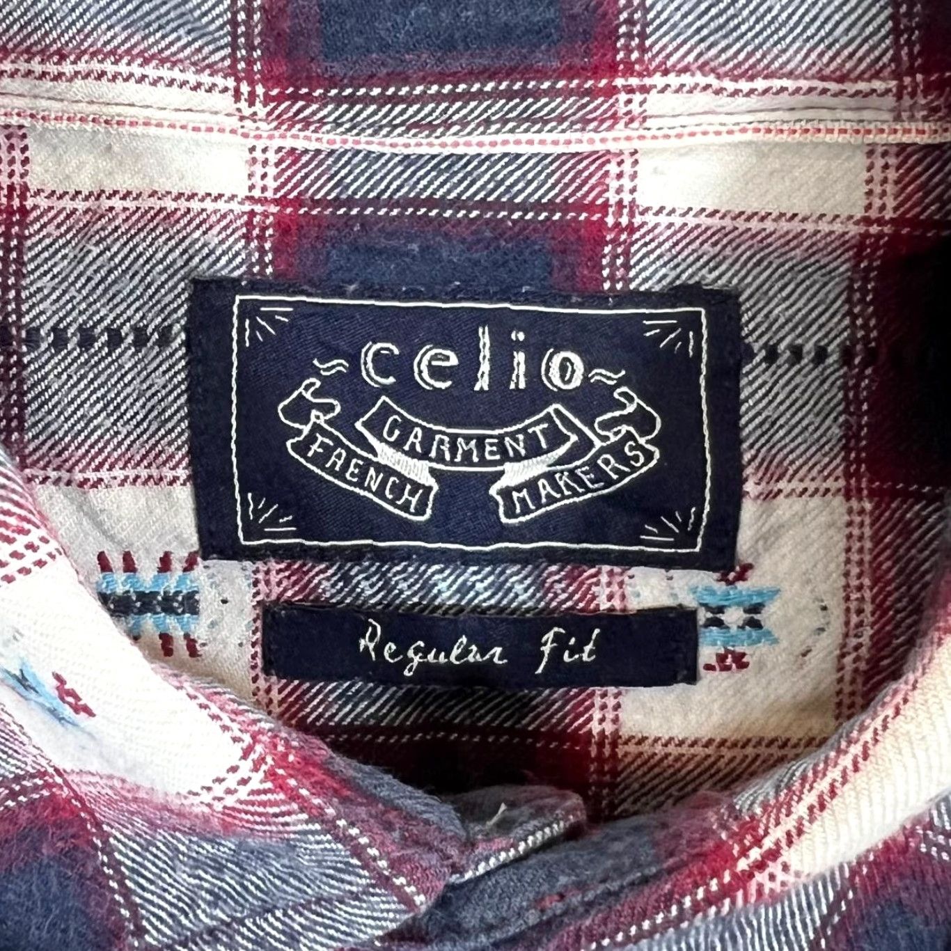 Celio Celio Regular Fit Patterned Plaid Check Western Style Popper Long Sleeve Shirt Large Navy Check Mens Size US L / EU 52-54 / 3 - 4 Thumbnail