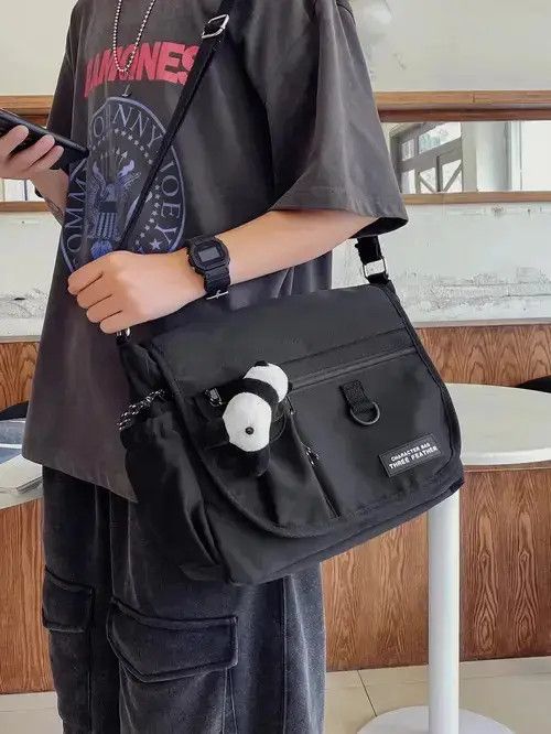 Cartoon Panda Messenger Bag in Black, Men's