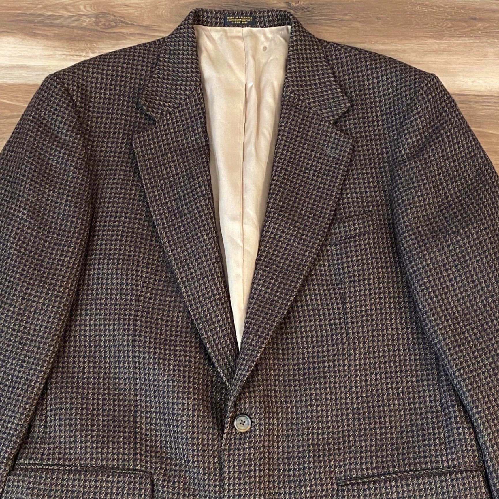 Oscar De La Renta Oscar de la Renta Blazer Mens 42L Wool Tweed Houndstooth Brown 2 Button Jacket Size 42R - 2 Thumbnail