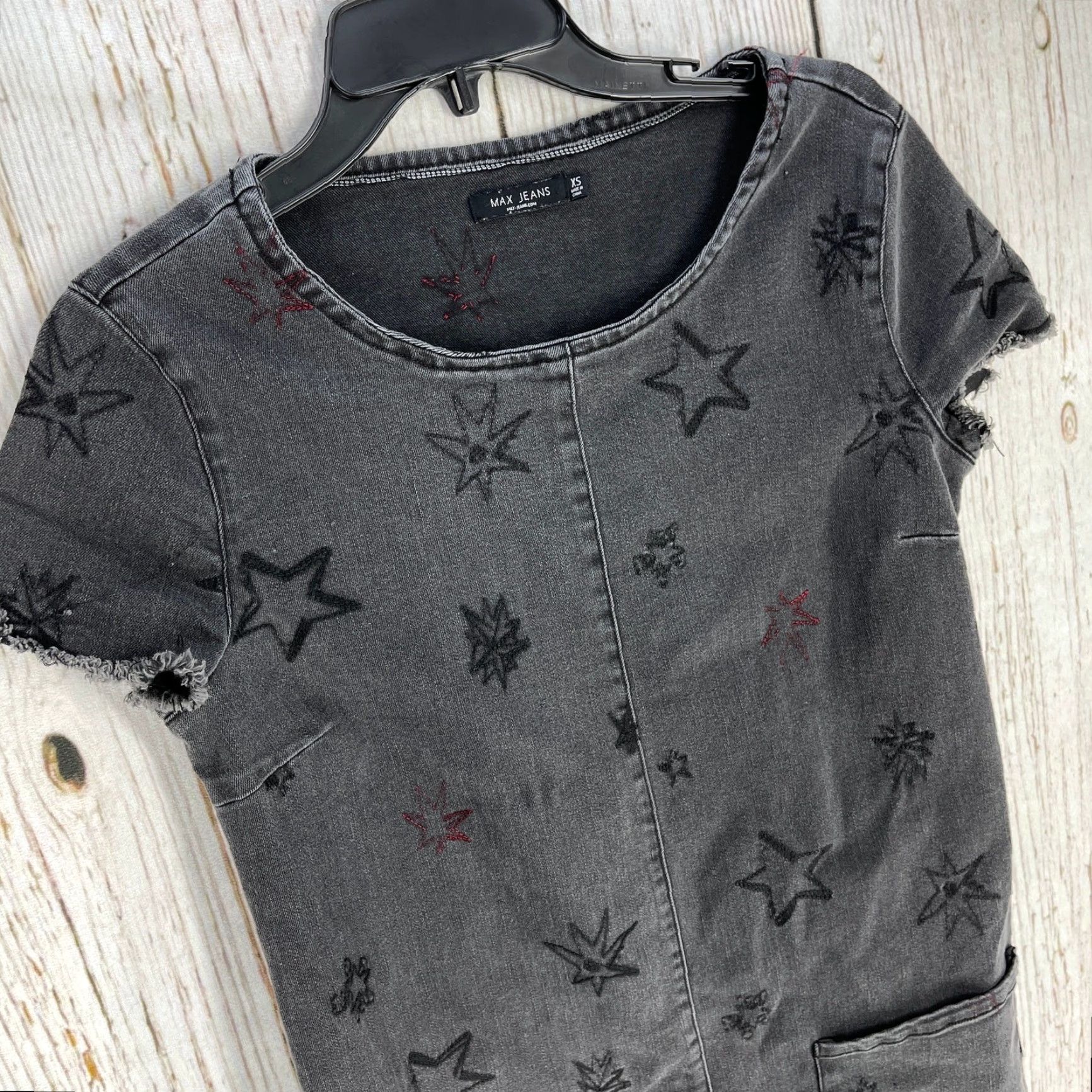 Denime Max Jeans Dress Women XS Gray Stars Short Sleeve Pockets Scoop Neck Y2K Grunge Skater Knee Length Size 26" / US 2 / IT 38 - 3 Thumbnail