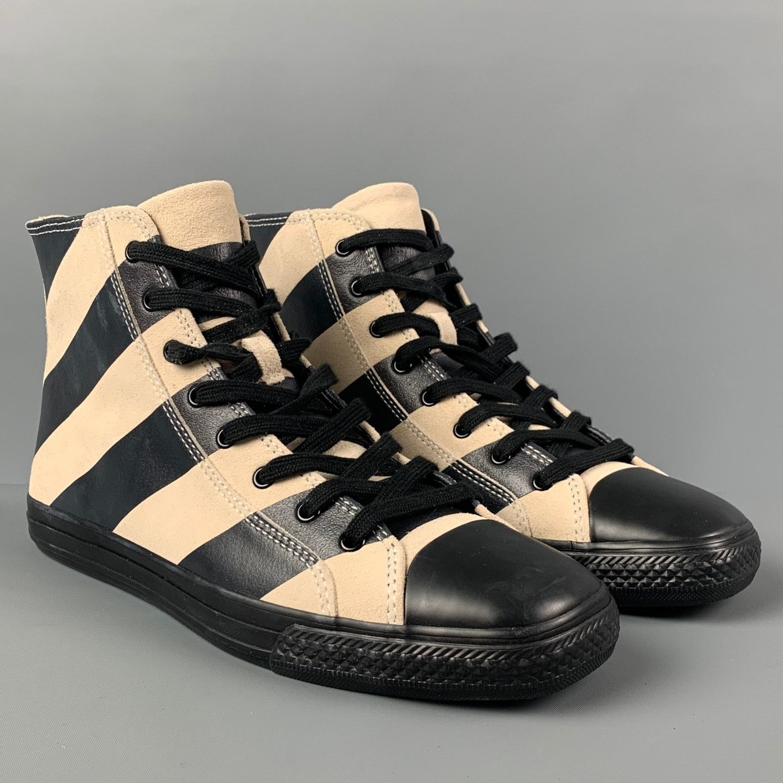Calvin Klein 205W39NYC Carizma Size 8 Black Beige Stripe Leather High Top Sneakers Size US 8 / EU 41 - 2 Thumbnail