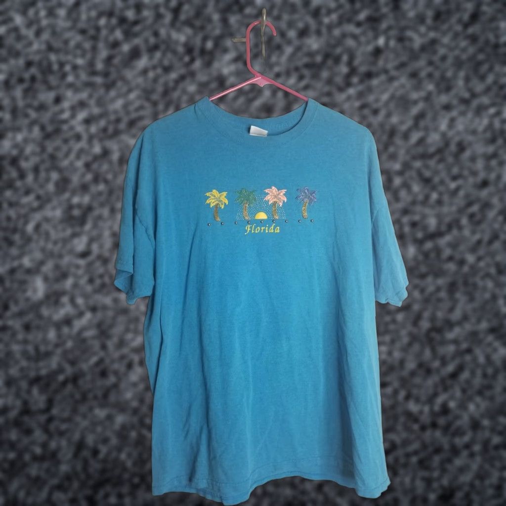 Gildan VINTAGE Gildan XL T-Shirt Blue Puff Print Florida Palm Trees Bird Nature 90s Mens Size US XL / EU 56 / 4 - 1 Thumbnail