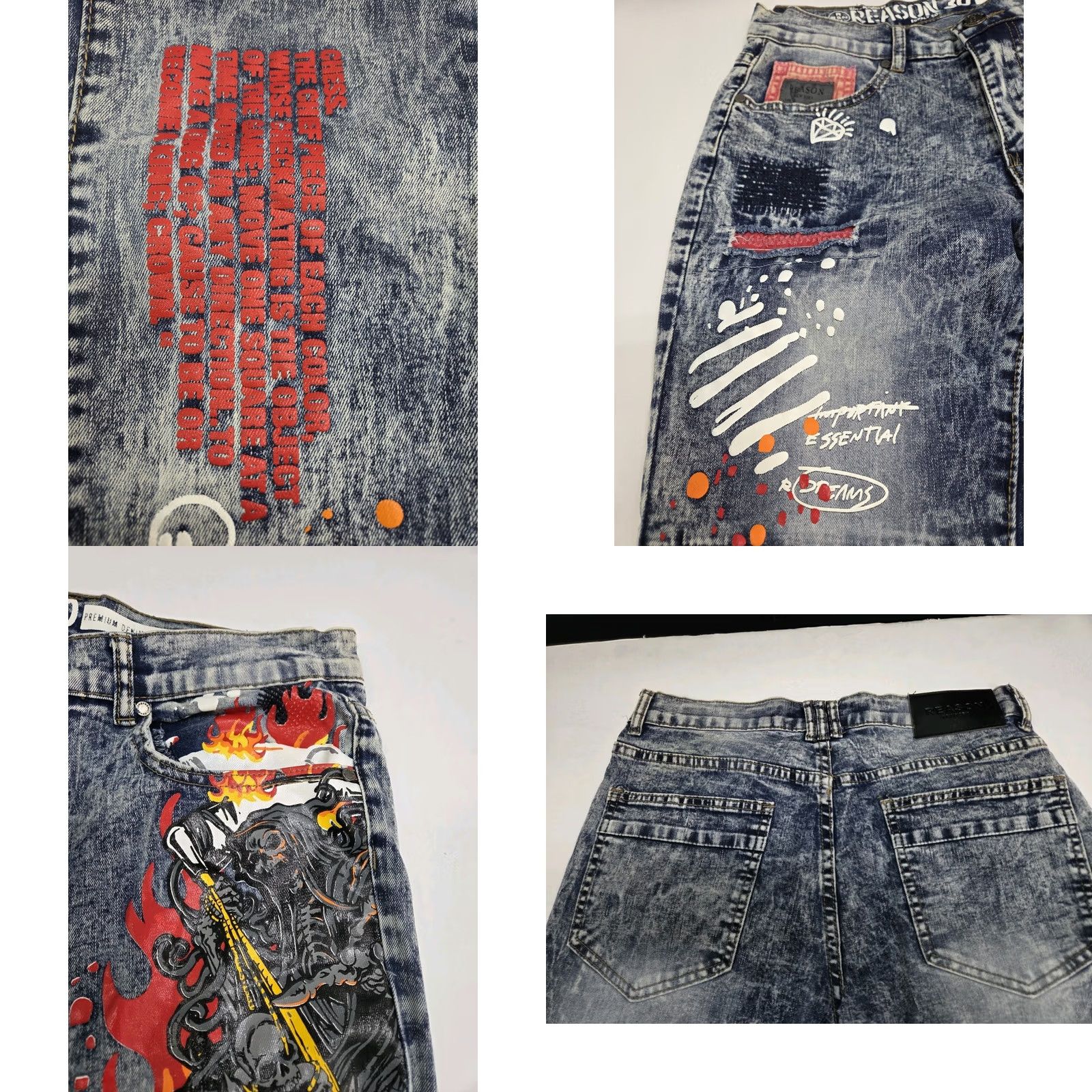 Reason REASON Supply Co. Jeans Men 31 Stretch Graphic Paint Denim Zip 32 Inseam Multicolor Medium Wash Distressed Logo Pockets Straight Across Seasons Size US 31 - 8 Thumbnail