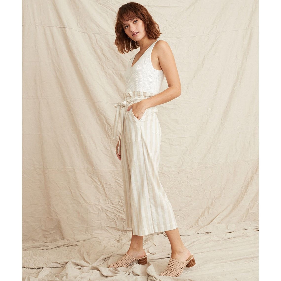 Marine Layer Marine Layer Caroline Pant Tan/White Stripe Small Wide Leg C Size 28" / US 6 / IT 42 - 3 Thumbnail