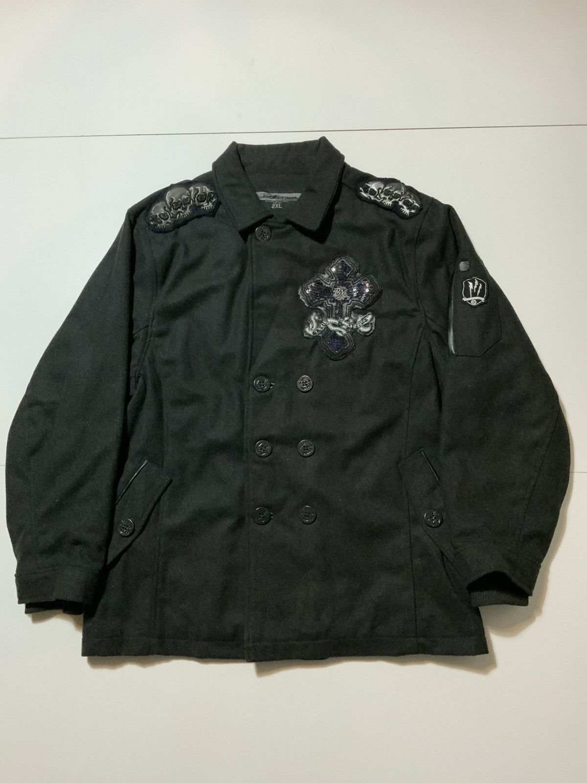 Vintage Y2K 2000s Brooklyn Xpress Skull Cross Cyber Grunge Pea Coat Size US XXL / EU 58 / 5 - 1 Thumbnail