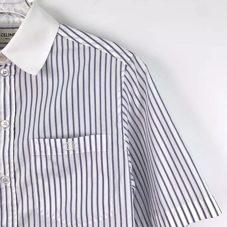 Celine Blue Striped Cotton Short Sleeve Shirt Size XXS / US 00 / IT 34 - 3 Thumbnail