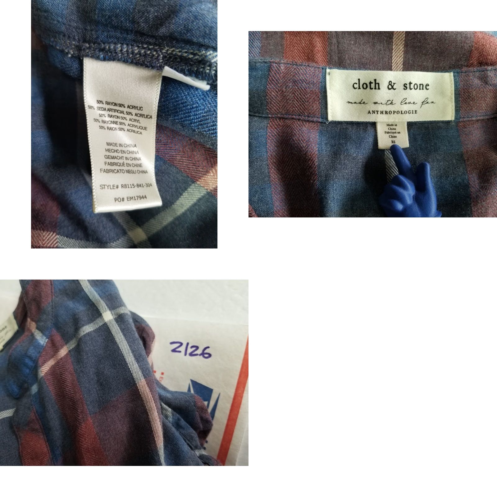 CLOT Cloth & Stone Womens XS Dress Tunic Short Sleeve V-Neck Tencel Lyocell Chambray Plaid Multicolor Roll Tab Sleeve Casual Size XS / US 0-2 / IT 36-38 - 8 Thumbnail