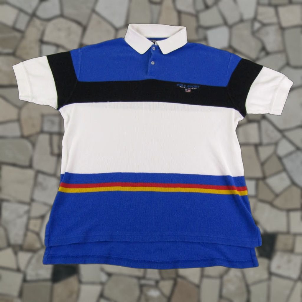 VINTAGE Ralph Lauren Polo Shirt Mens Medium Blue White Stripes Y2K Outdoor Sports