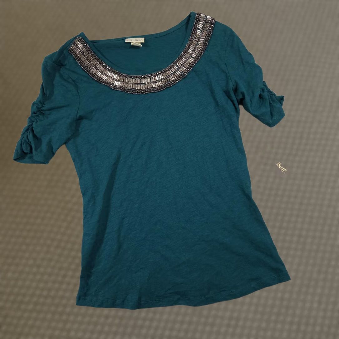 Altea Tru Self Shirt Womens Small Teal Blue Beaded Embellished Neck Short Sleeve Top Size S / US 4 / IT 40 - 1 Thumbnail