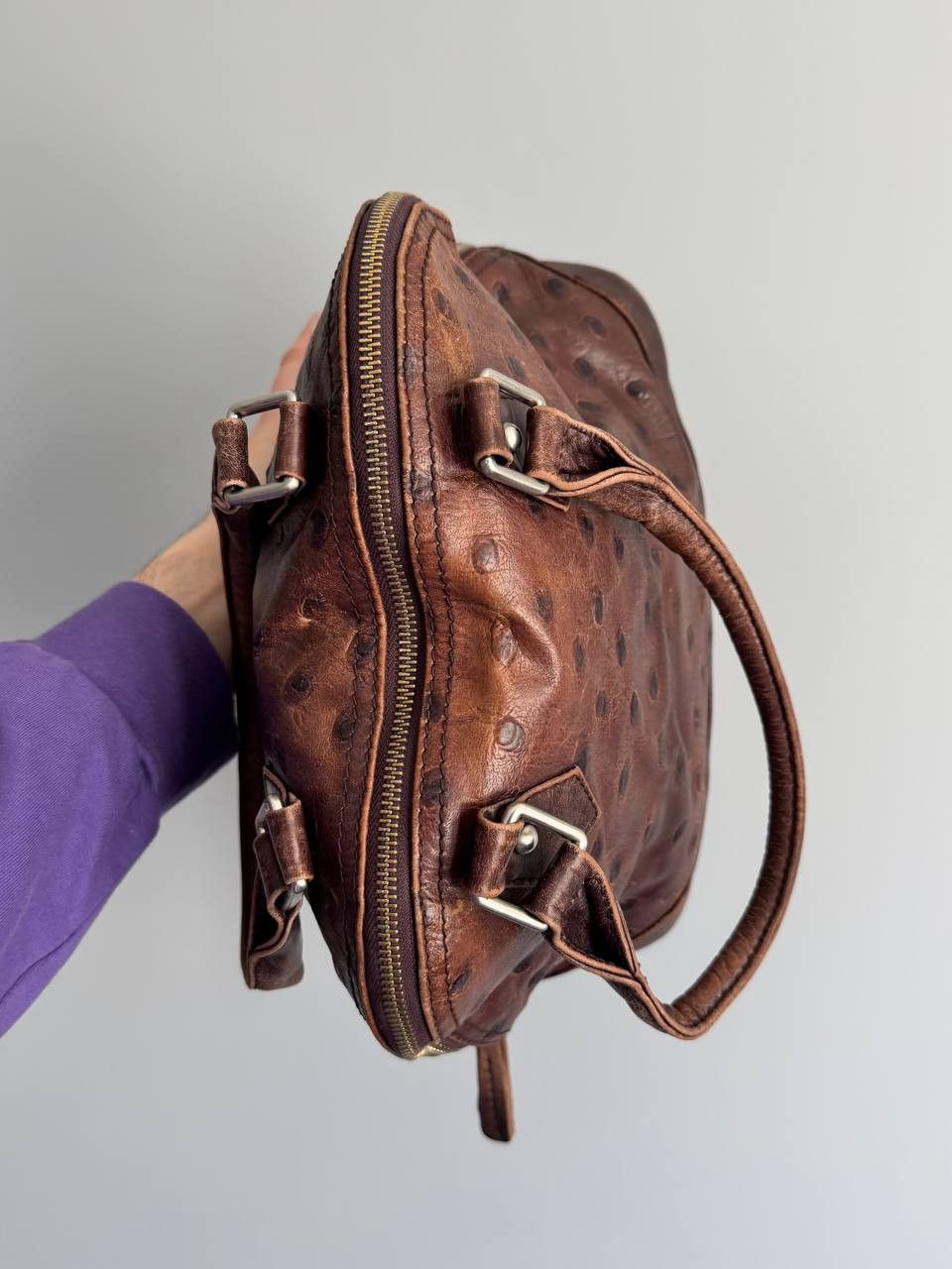 Vintage Vintage Leather Handbag Ostrich Embossed Brown Shoulder Bag Size ONE SIZE - 10 Thumbnail