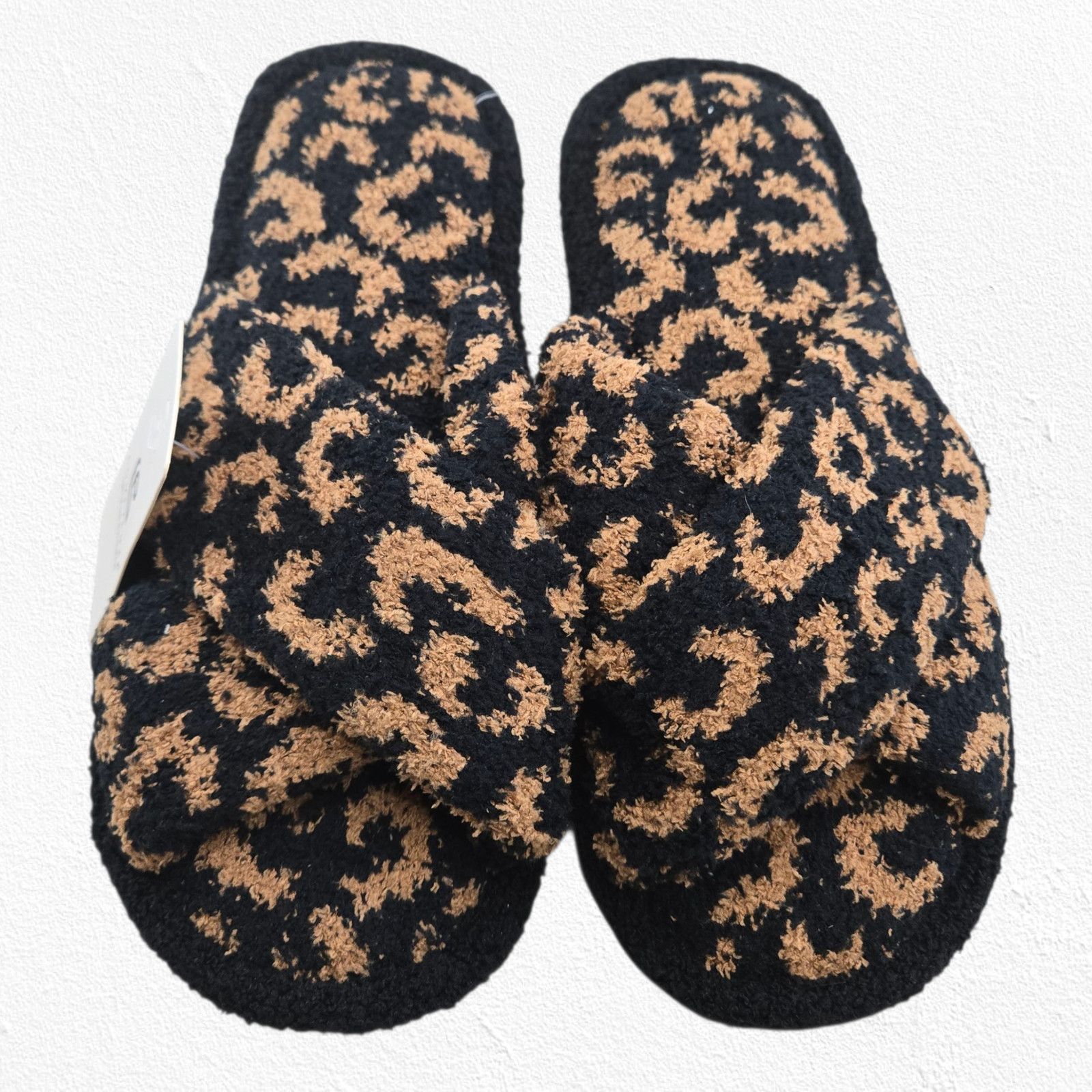 Other Black Leopard Print Cozy Fuzzy Slippers M/L Plush Crossband Size US 9 / IT 39 - 1 Thumbnail