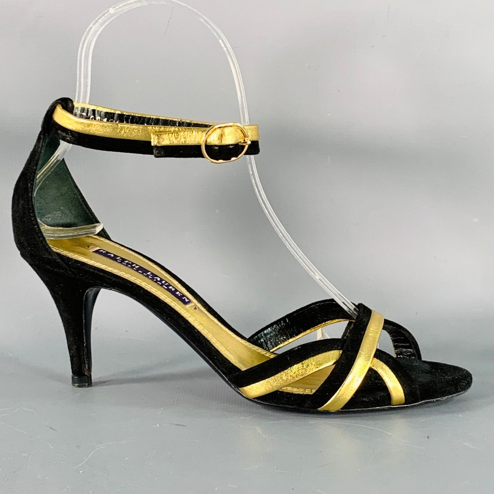 Ralph Lauren Black Metallic Gold Suede Leather Strappy Ankle Sandals Size US 6 / IT 36 - 2 Thumbnail