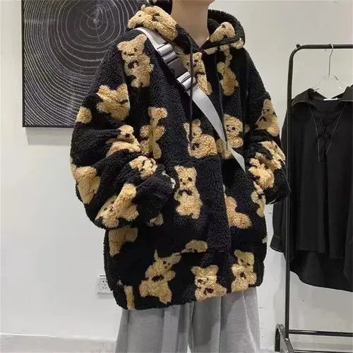 image of Designer Bear Print Full Zip Hoodie in Black, Men's (Size Large)