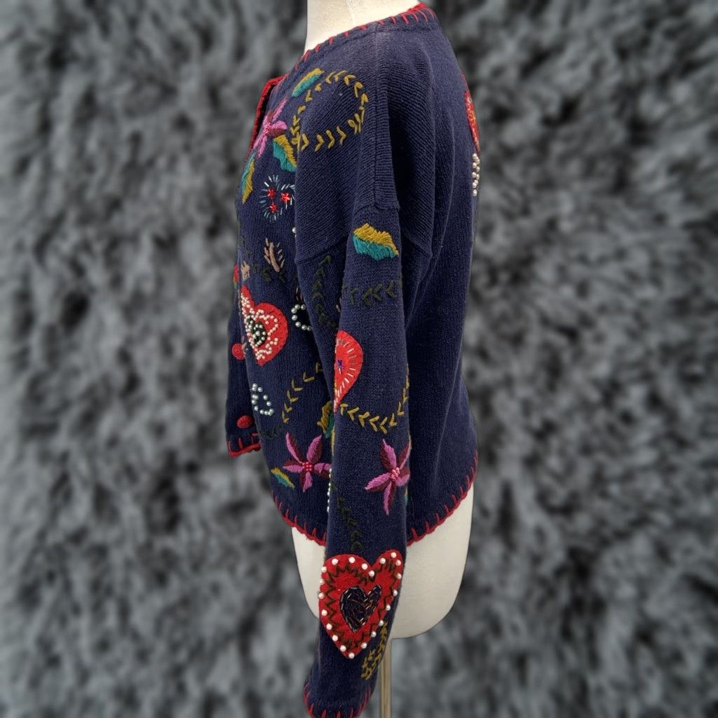 Vintage VINTAGE Segue Cardigan Shirt Women L Blue Hearts Beaded Embroidered Knit Cotton Ramie 90s Valentines Day Size L / US 10 / IT 46 - 1 Thumbnail