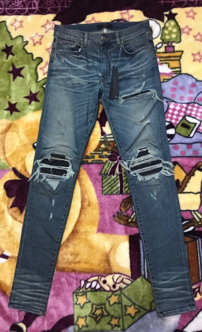 Amiri Amiri mx1 blue leather patch denim pants Size US 32 / EU 48 - 1 Thumbnail