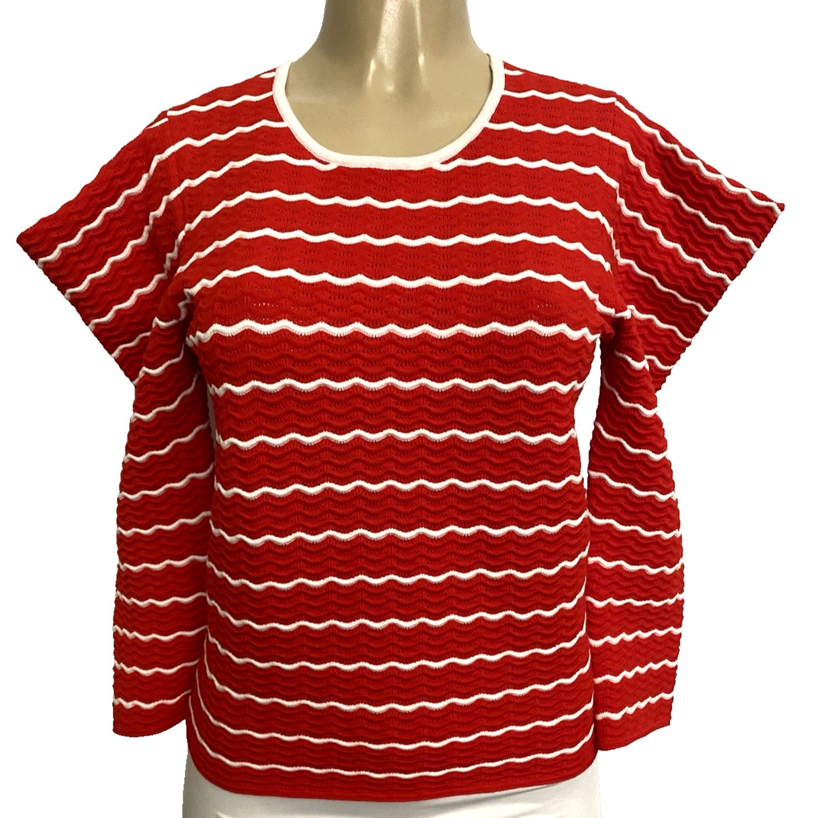 Carolina Herrera CAROLINA HERRERA Ruffled Striped Pointelle Knit Top Sweater Size S / US 4 / IT 40 - 3 Thumbnail