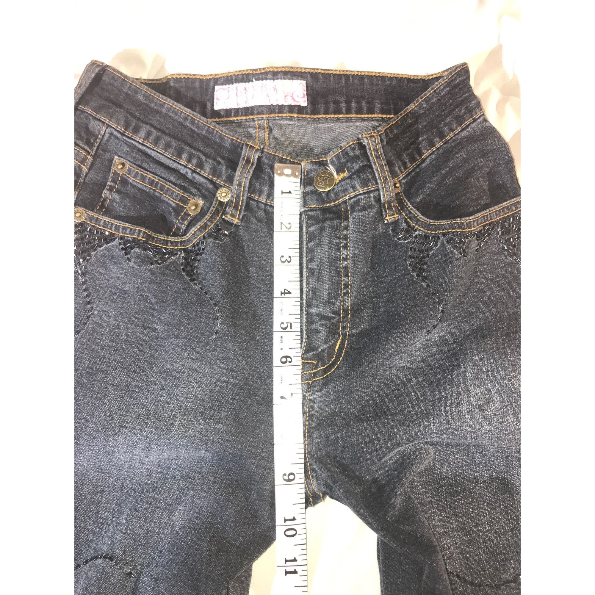 Vintage Sassy Thai Women's Vintage Blue & Black Beaded Flare Jeans Size 26" / US 2 / IT 38 - 8 Thumbnail