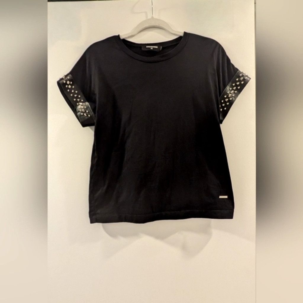Dsquared2 DSQUARED Black T-Shirt With Leather Studded Sleeves Size XS / US 0-2 / IT 36-38 - 1 Thumbnail