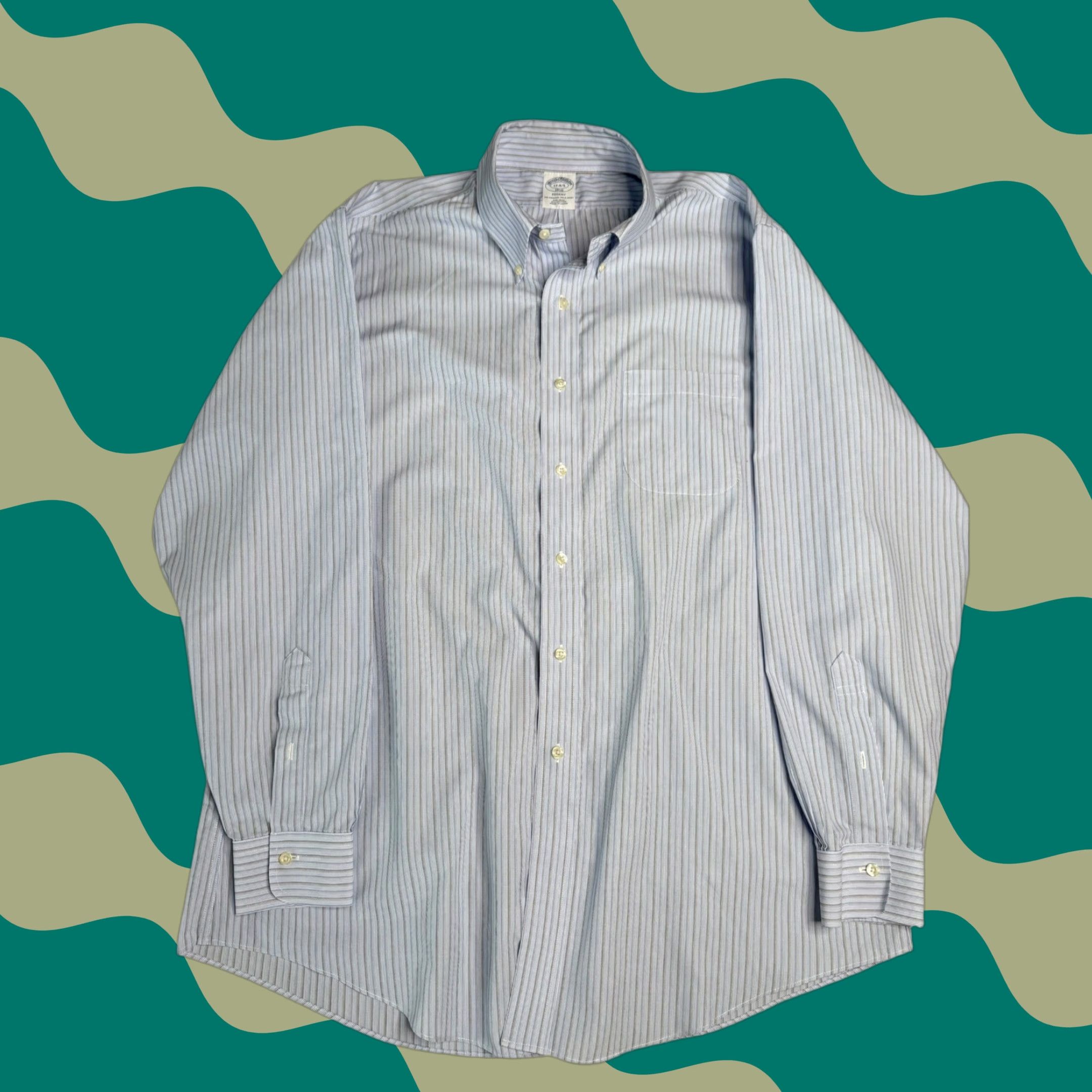 Brooks Brothers Regent 1818 Pinstripe Button-Down Shirt Mens 17 4/5 Blue White Dress Shirt Long Sleeve Regular Non-Iron All Seasons