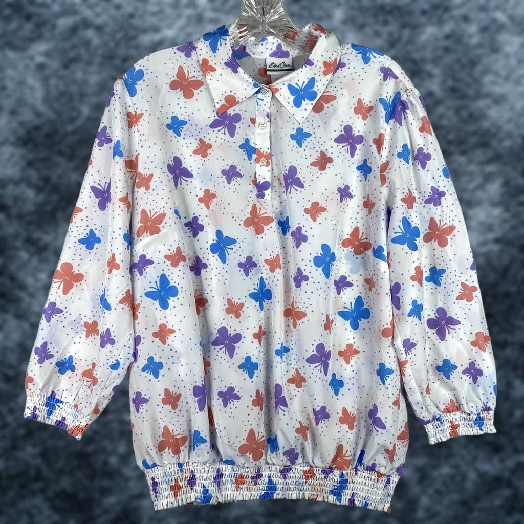 Vintage Bend Over White Blouse Womens 16 3/4 Sleeve Sheer Chiffon Elastic Waist Polyester Animal Print Casual Shirt Size XXL / US 16-18 / IT 52-54 - 1 Thumbnail