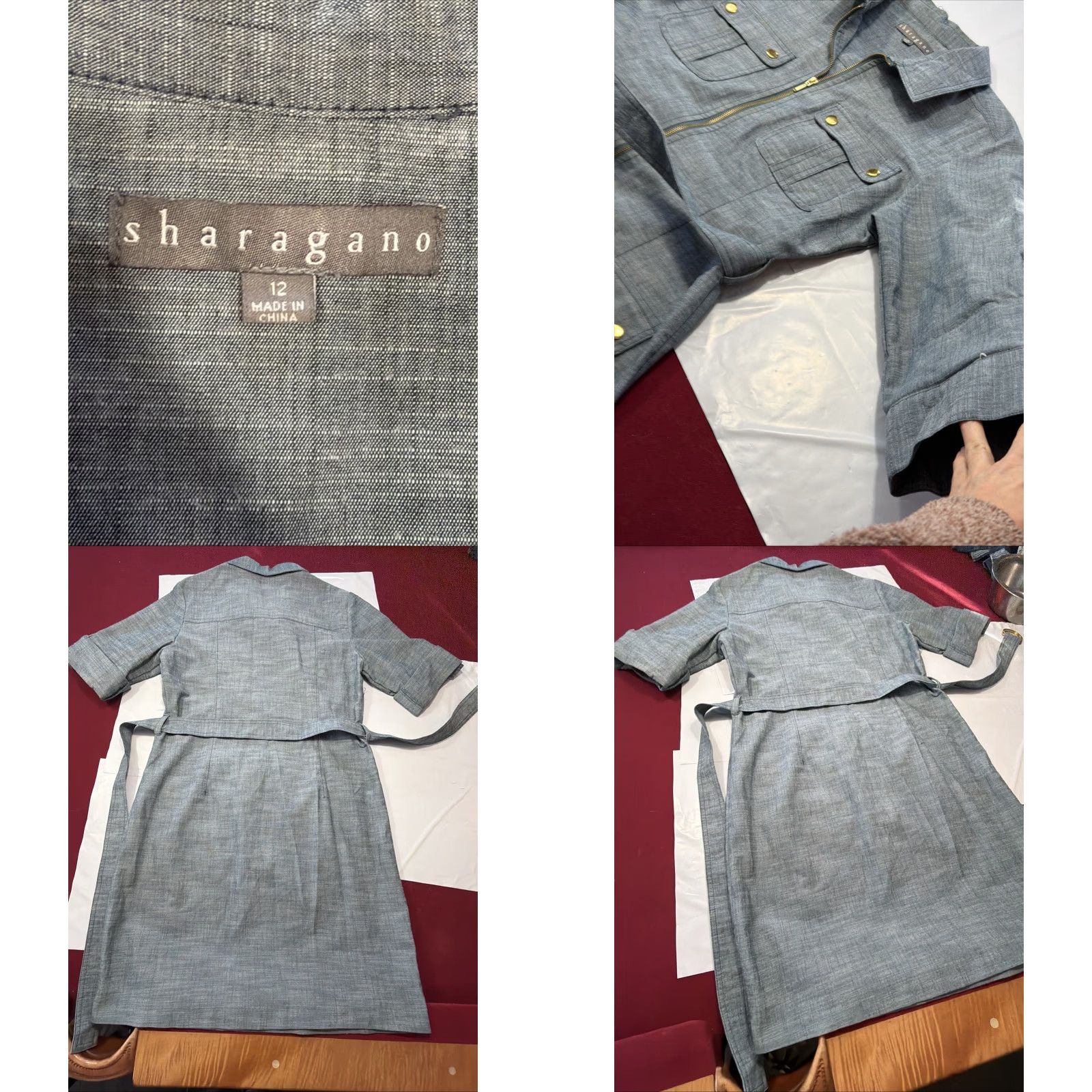 Vintage Sharagano Blue Denim Midi DRESS 1/2 Zip Size 12 Buckle Belt Pockets Front Flap Pockets Roll Tab Sleeve Collared Shirt Dress Size XL / US 12-14 / IT 48-50 - 9 Thumbnail