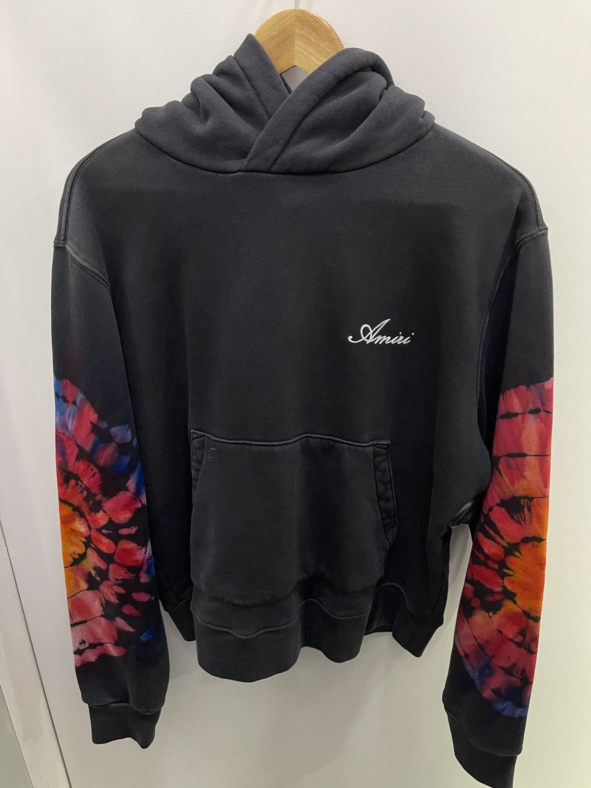 image of Amiri Ss23 Tie-Dye Sleeves Logo Hoodie in Black, Men's (Size Medium)