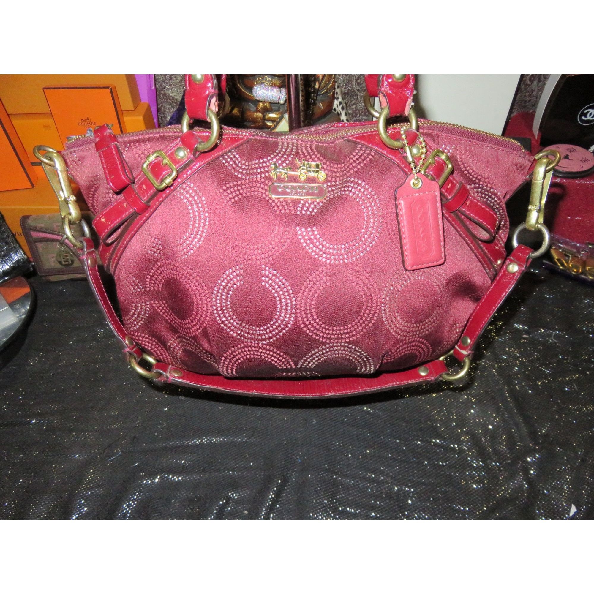 image of Coach Madison Sophia Dotted Op Art Monogram Signature C Satc in Cranberry Red, Women's