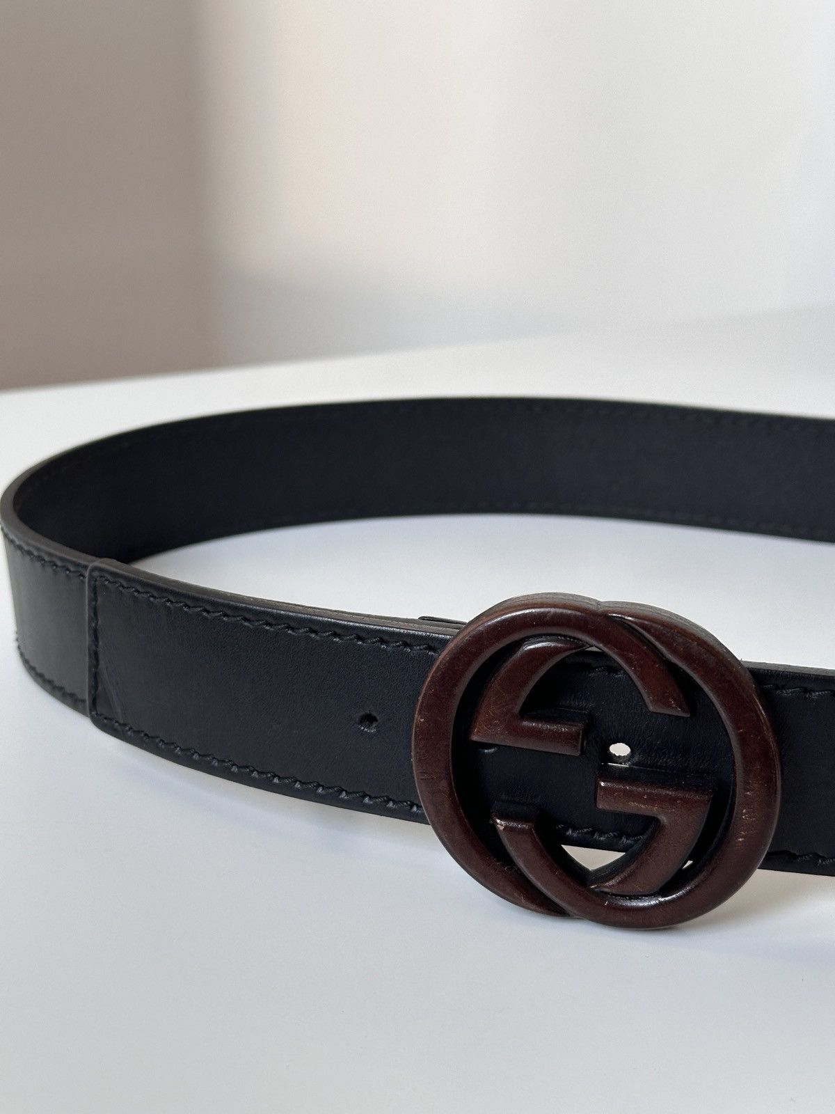 Gucci GUCCI Wooden Brown Buckle Leather Double GG Belt Size: 85/34 Size 30 - 3 Thumbnail