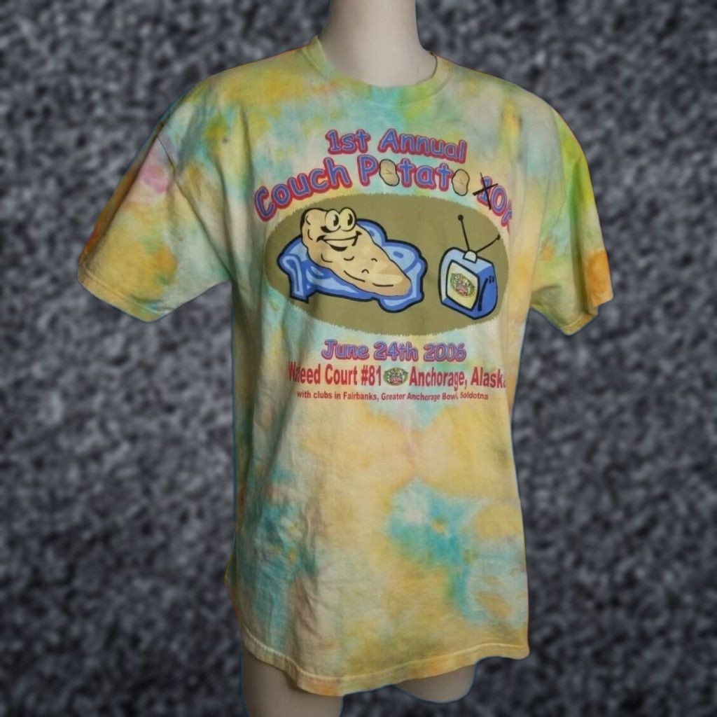 Hanes Mens XL 2006 1st Annual Couch Potato 10k Funny Tie Ice Dye T Shirt Anchorage AK Size US XL / EU 56 / 4 - 1 Thumbnail