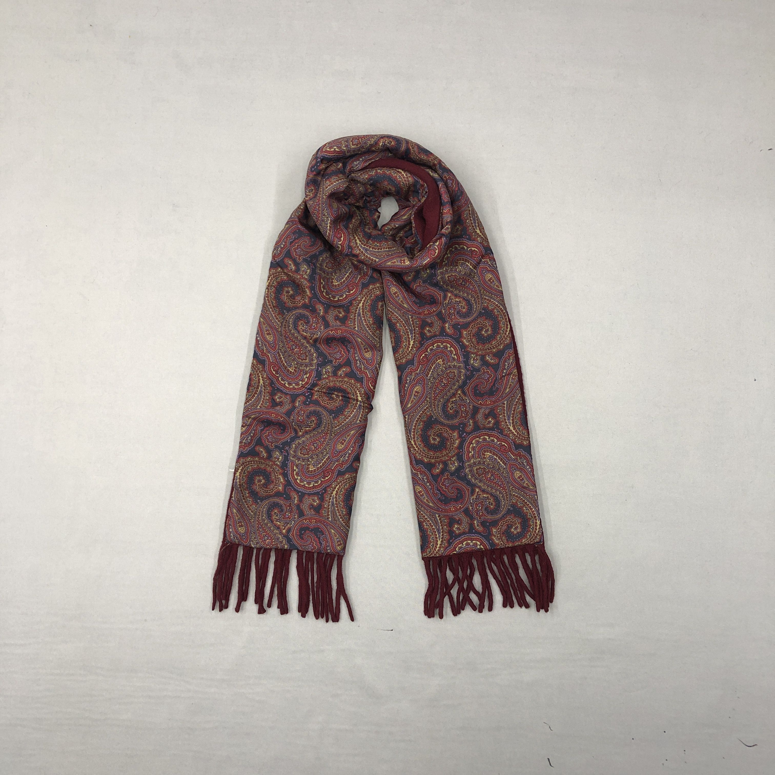 Japanese Brand Vintage Paisley Scarf SILK Muffler Wool Fringe Winter Scarve Size ONE SIZE - 1 Thumbnail