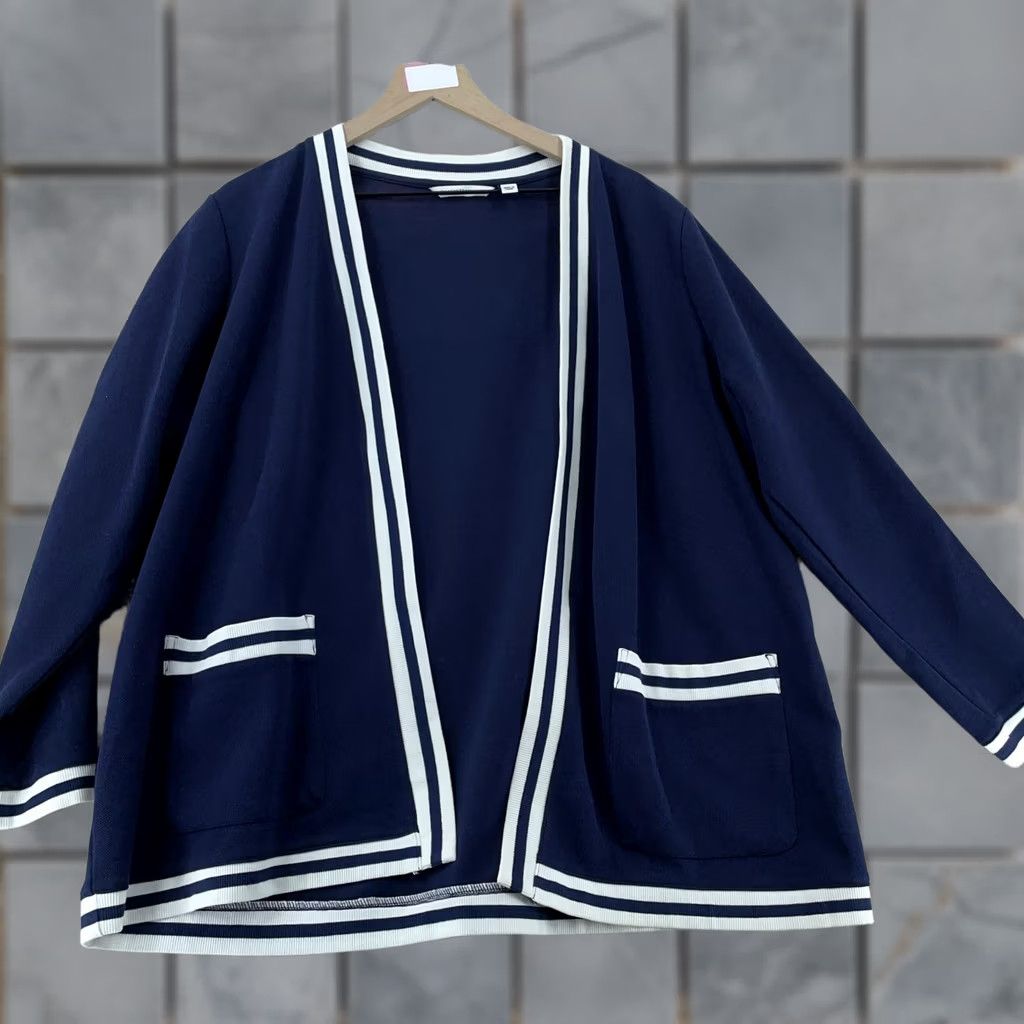 Vintage Isaac Mizrahi Live! Cardigan Sweater Womens 1X Navy Blue Stripe Knit Open Front Size XL / US 12-14 / IT 48-50 - 1 Thumbnail