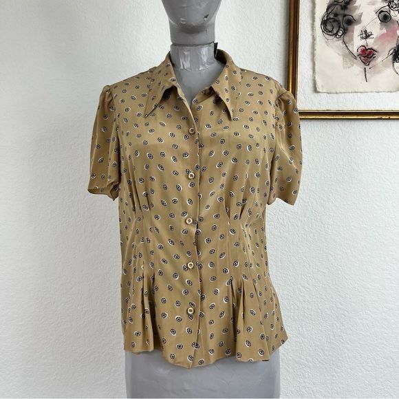 Prada Prada Silk Circular Pattern Button Down Tan Short Sleeve Blo Size L / US 10 / IT 46 - 1 Thumbnail