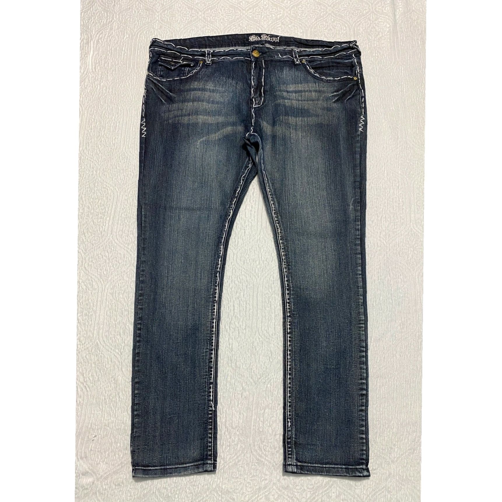 Denime Old Skool Jeans Bootcut Women Size 22W Plus 5-Pocket Dark Wash Denim Embellished Fleur Pockets Size 40" / US 18 - 3 Thumbnail