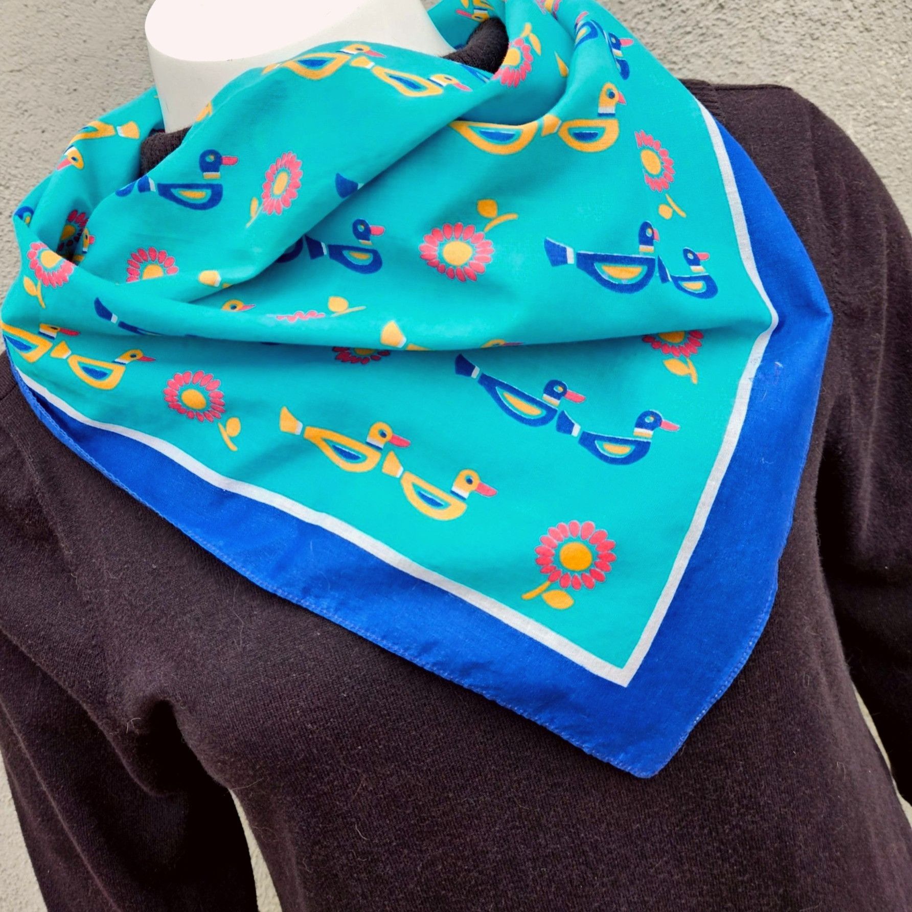 Vintage Ray Strauss 1960s Mod Cotton Scarf Pair Turquoise Marigold M Size ONE SIZE - 7 Thumbnail