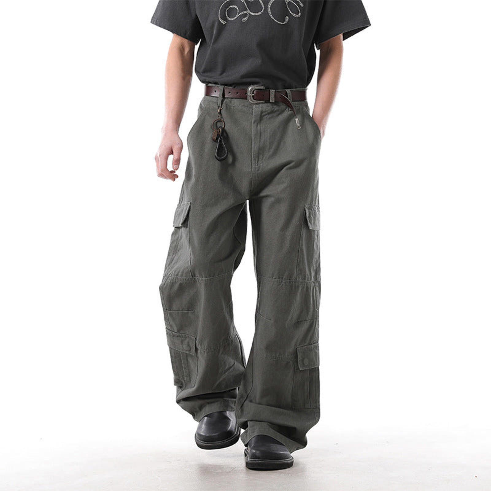 Vintage Olive Wide Leg Cargo Pants, Loose Fit Utility Pants Size US 30 / EU 46 - 6 Thumbnail