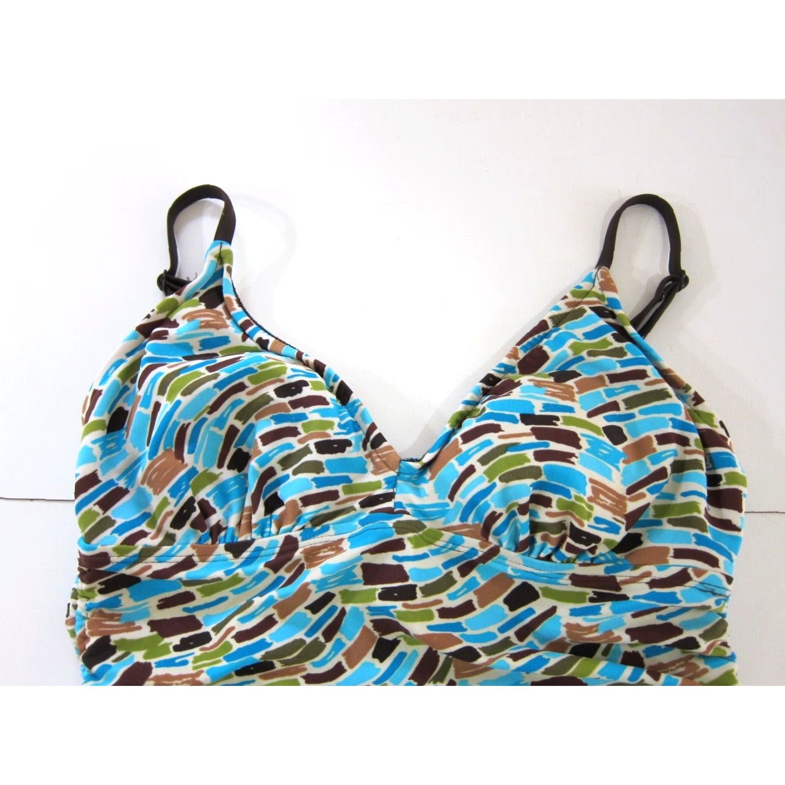 Vintage Coco Beach Blue Tankini Swim Top L Women Abstract Built In Bra Brown Green 34" Bust 30" Waist 23" Shoulder to Bottom Hem Mens? Size L / US 10 / IT 46 - 3 Thumbnail