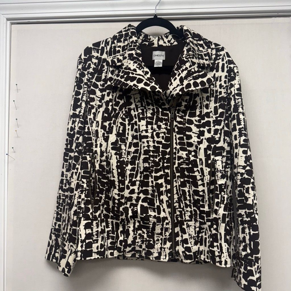 Chicos Women's Chico's Espresso&Cream Abstract moto Jacket Size L Size L / US 10 / IT 46 - 1 Thumbnail