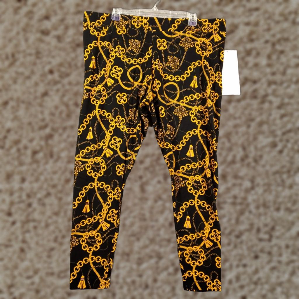 Vintage New Leggings Womens Size 1X Black Gold Chains Tassels Pullon Stretch Pants Size 40" / US 18 - 1 Thumbnail