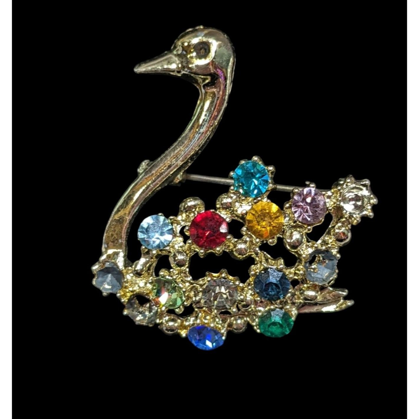 Other Vintage Swan Brooch Gold Tone With Rainbow Rhinestones Size ONE SIZE - 1 Thumbnail
